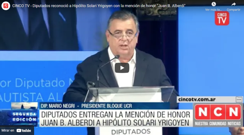 Diputados reconoció a Hipólito Solari Yrigoyen con la mención de honor Juan B. Alberdi