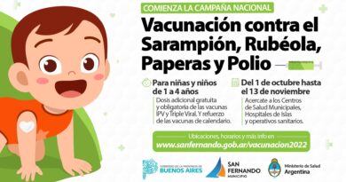 San Fernando: en octubre comenzará la campaña Nacional de Vacunación contra el Sarampión, Rubéola, Paperas y Polio